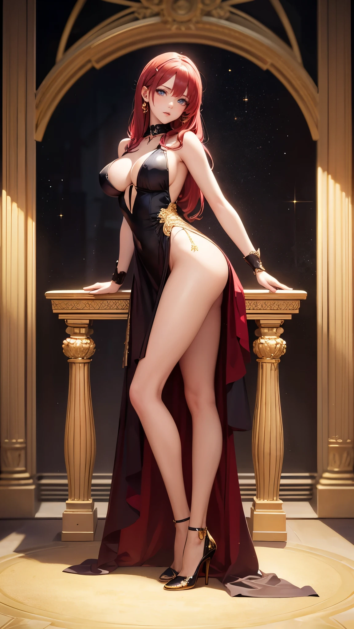 "NSFW An anime girl with blue eyes and long red hair. The artwork must be of the best quality, high resolution, and vibrant colors. Must be full body style, with soft lighting illuminating the scene, front viewer eyes, dress detailed with gold, high heels detailed with gold"