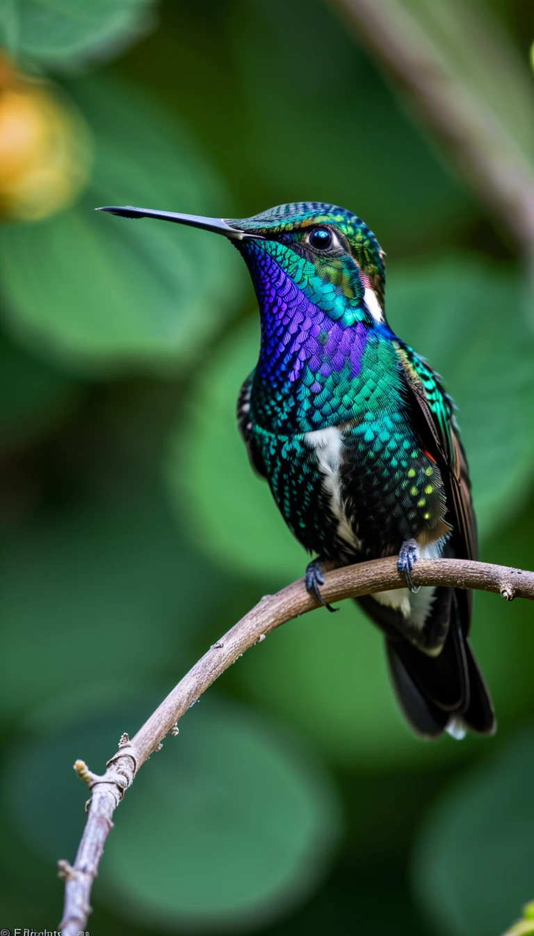 colorful hummingbird on a branch, in the style of dark purple and dark emerald, exaggerated facial features, bold colorism, vibrant colorism, photography, Nikon D7500 --ar 4:7 --v 5 --no watermark