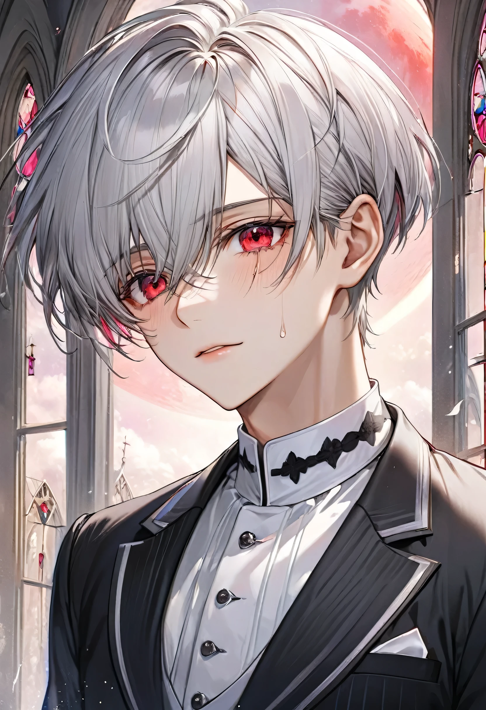(close-up face), ((16 yo)), (solo:2 crew cut silver hair very short hair divine cool boy, detailed red eyes with tears, tear:1.2 face, flat chest), break, (in a butler suit), break, (in the Chapel Terrace), (background detailed biggest pink moon), BREAK, perfect anatomy, masterpiece, best quality, 16k, beautiful detailed night, daydreaming expression.