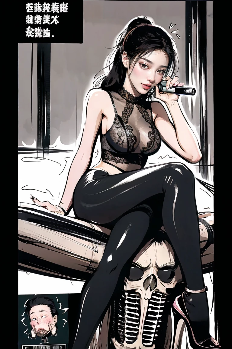 The beautiful girl in lace top and leggings is sitting astride a pile of skeletons in the center of the picture. She is holding a trembling sausage with juice squeezed out in her hand and smiling. There are multiple comic storyboards in the background，cbt, sausage bondage,sausage insertion,Sexy, trampling sausage with high heels heel,(masterpiece, best quality:1.2)，1 beautiful girl,sexy，comic storyboard:2, leggings, sit astride, axially symmetrical:2, ,femdom，sounding，cbt，hold，smile，colorful，leggings，thin gap，cameltoe，insertion，trembling，juice，spray， Long hair,Lace top,Sexy, Shiny leggings, High heel，cleveage, trampling, in forest, saliva , Mucus，