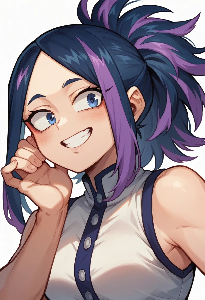 Screenshot of My Hero Academia, a girl with long blue, almost black hair with purple highlights, with sapphire blue eyes and purple spots with a tender and happy look wearing the boku no hero academia style UA