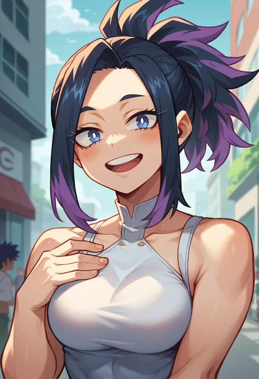 Screenshot of My Hero Academia, a girl with long blue, almost black hair with purple highlights, with sapphire blue eyes and purple spots with a tender and happy look wearing the boku no hero academia style UA