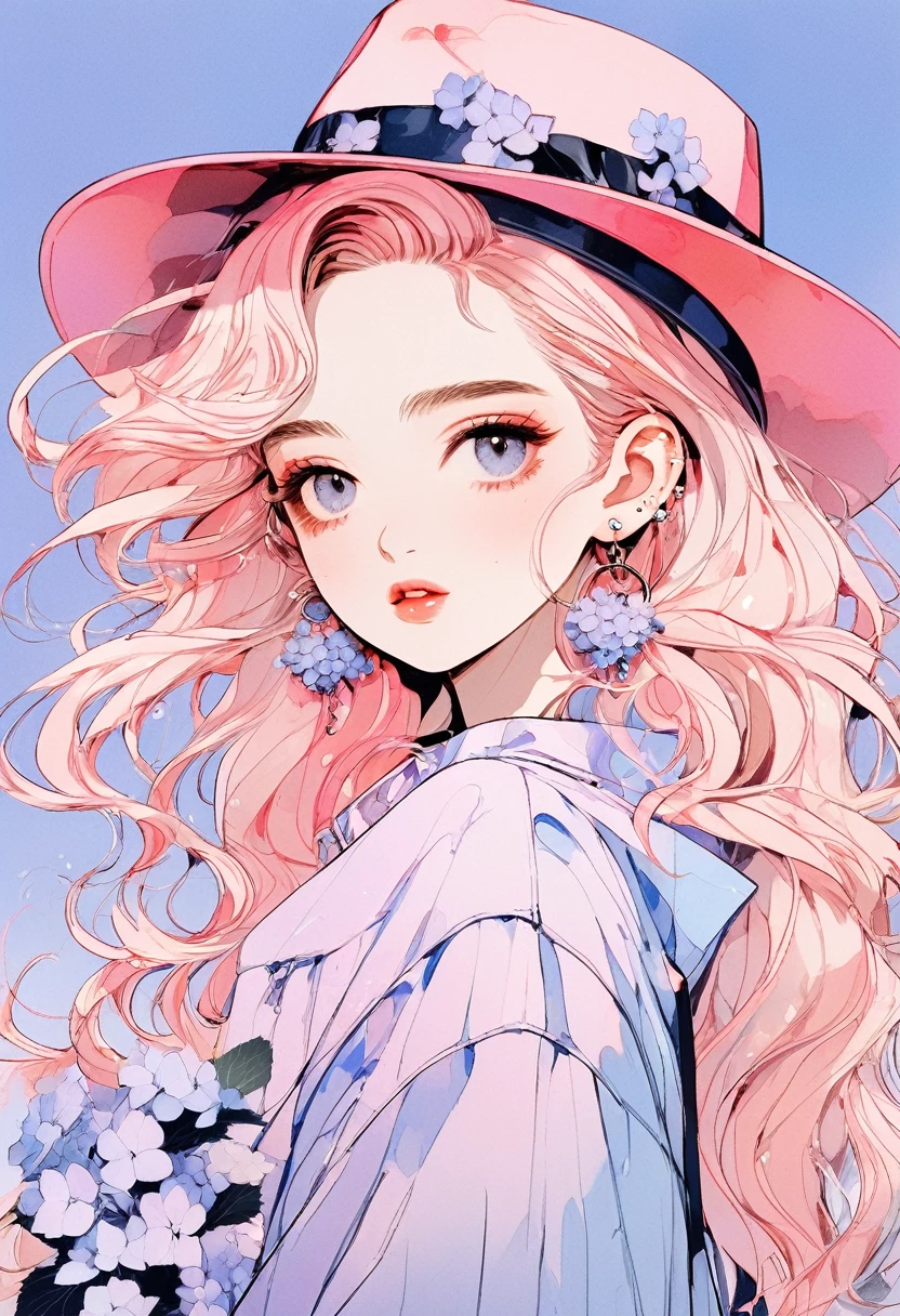 (Highest quality:0.8), (Highest quality:0.8), Perfect illustration,Beautiful woman portrait、One girl, bangs, Black nails, Blonde,  clavicle, ear Earrings, Earrings, Fashion G, Hydrangea hair accessory,  Jacket, jewelry, looking at iniewer, Medium Hair, Manicure, necklace, Earrings, short hair, アジサイEarrings、Hydrangea Pendant, sleeines past wrists, 一人in, Both sides up, Upper Body, in, Pop Background、Droopy eyes、Celebrity Hat、Pink gradient hair color、rainy season、summer、Hair dancing in the wind