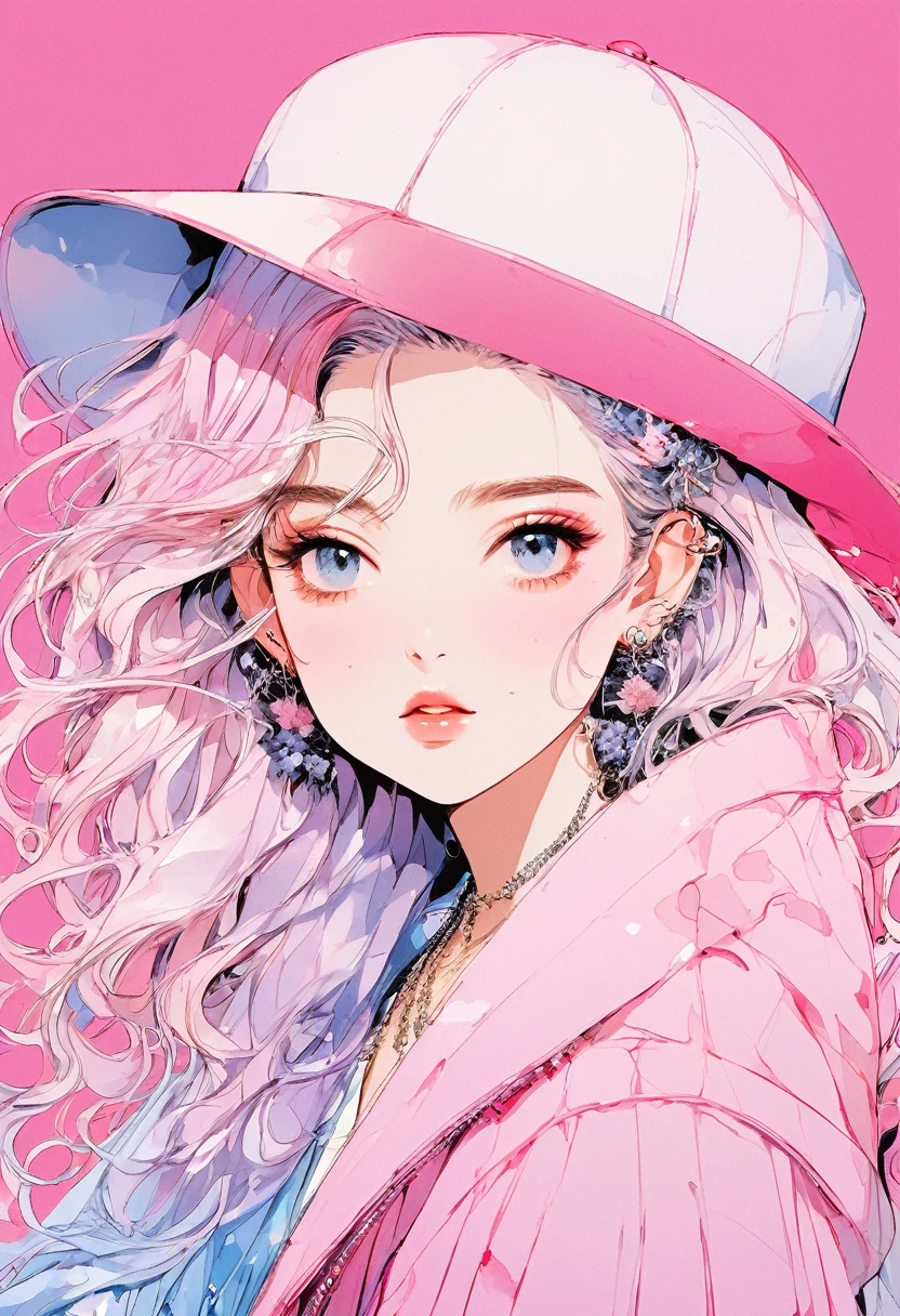 (Highest quality:0.8), (Highest quality:0.8), Perfect illustration,Beautiful woman portrait、One girl, bangs, Black nails, Blonde, clavicle, ear Earrings, Earrings, Fashion G, Hydrangea hair accessory, Jacket, jewelry, looking at iniewer, Medium Hair, Manicure, necklace, Earrings, short hair, アジサイEarrings、Hydrangea Pendant, sleeines past wrists, 一人in, Both sides up, Upper Body, in, Pop Background、Droopy eyes、Celebrity Hat、Pink gradient hair color、rainy season、summer、Hair dancing in the wind