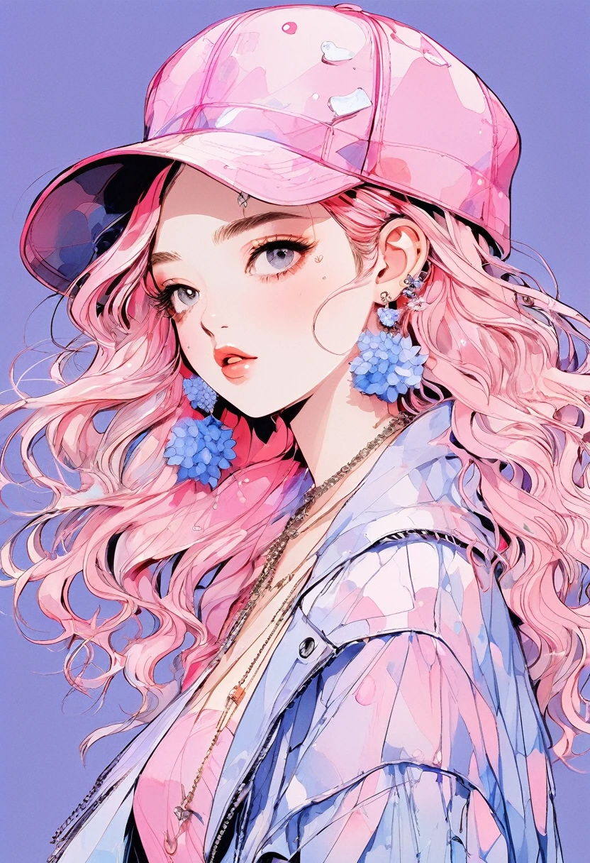 (Highest quality:0.8), (Highest quality:0.8), Perfect illustration,Beautiful woman portrait、One girl, bangs, Black nails, Blonde,  clavicle, ear Earrings, Earrings, Fashion G, Hydrangea hair accessory,  Jacket, jewelry, looking at iniewer, Medium Hair, Manicure, necklace, Earrings, short hair, アジサイEarrings、Hydrangea Pendant, sleeines past wrists, 一人in, Both sides up, Upper Body, in, Pop Background、Droopy eyes、Celebrity Hat、Pink gradient hair color、rainy season、summer、Hair dancing in the wind