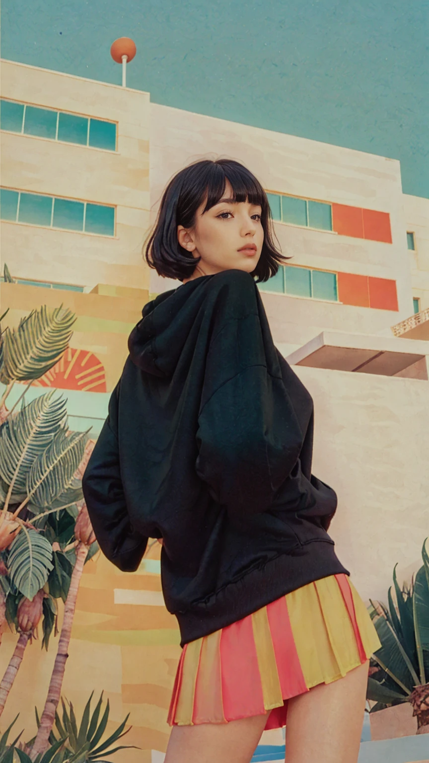 1 girl, beautiful, black bob hair, almond eye, no makeup, (green neon oversized hoodie), peach tennis skirt,elegant pose in front of ((80's mondrian architecture colorful motel)),(from below:1.2), (realistic:1.1), (surreal:1.2), (very detailed:1.1), ((masterpiece)),summer, blue sky, palm trees,sunny, los angles vibes