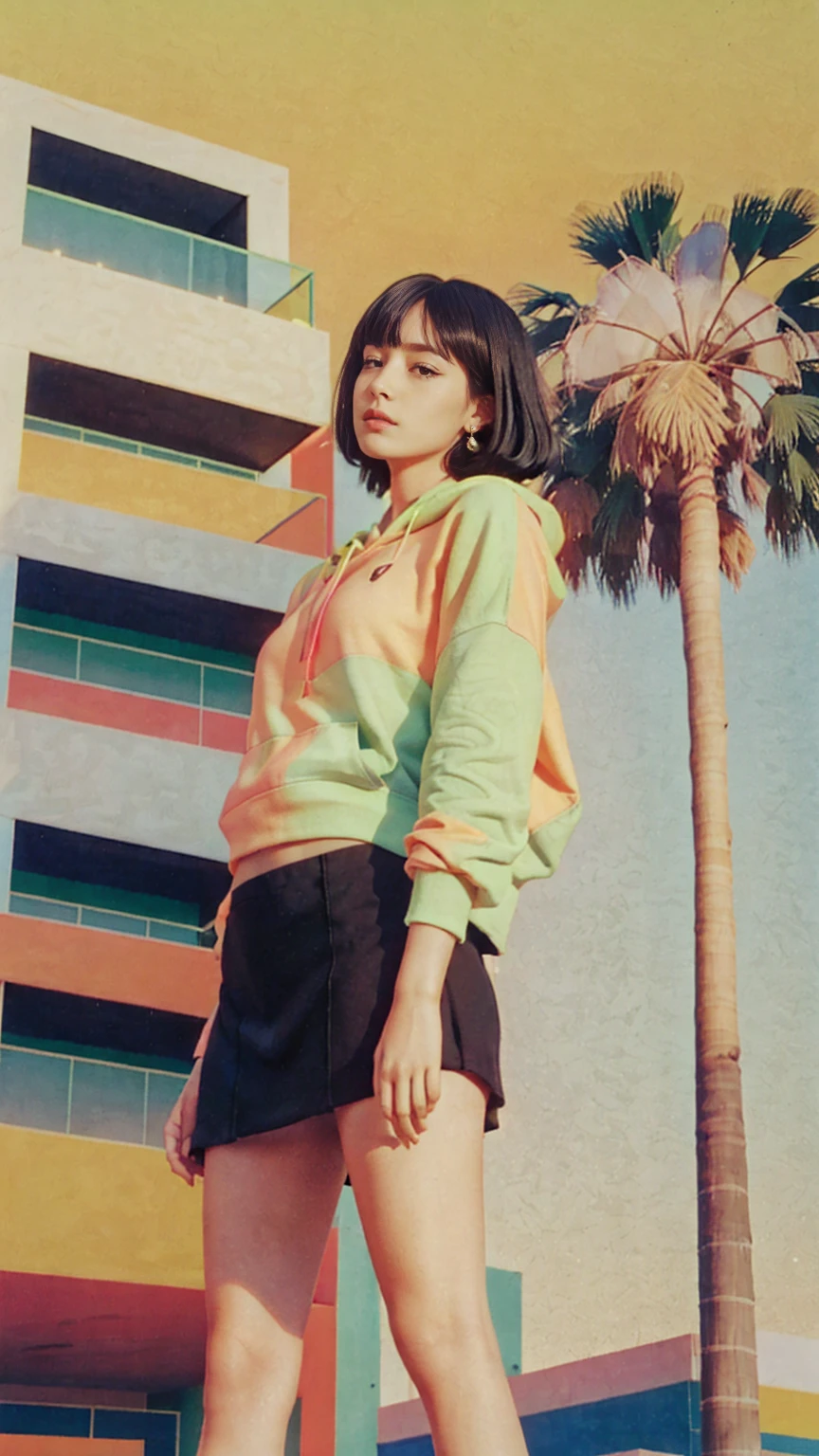 1 girl, beautiful, black bob hair, almond eye, no makeup, (green neon oversized hoodie), peach tennis skirt,elegant pose in front of ((80's mondrian architecture colorful motel)),(from below:1.2), (realistic:1.1), (surreal:1.2), (very detailed:1.1), ((masterpiece)),summer, blue sky, palm trees,sunny, los angles vibes