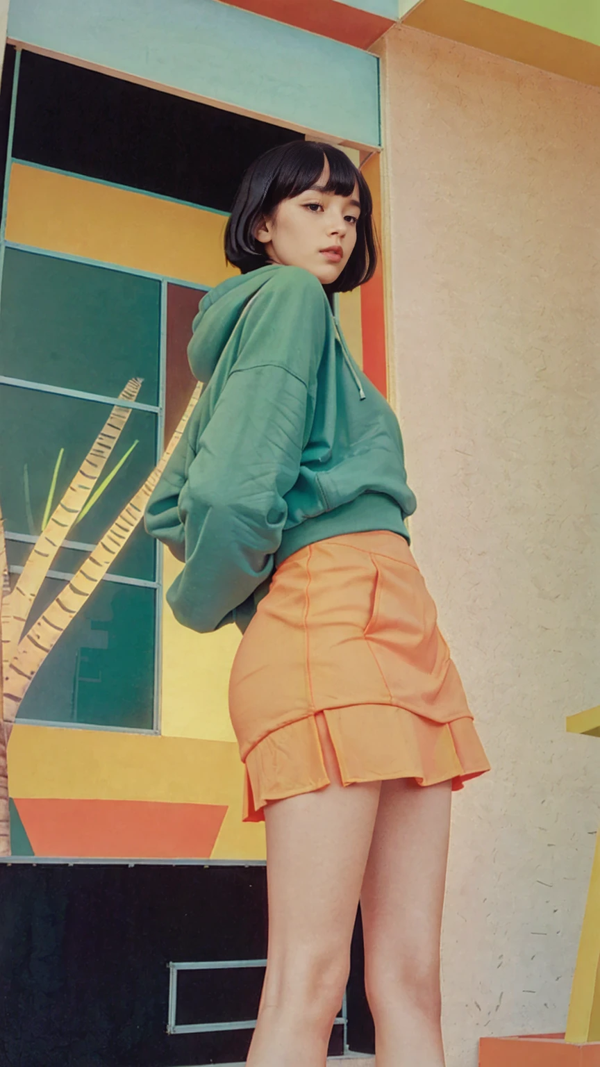 1 girl, beautiful, black bob hair, almond eye, no makeup,  (green neon oversized hoodie), peach tennis skirt,elegant pose in front of ((80's mondrian architecture colorful motel)),(from below:1.2), (realistic:1.1), (surreal:1.2), (very detailed:1.1), ((masterpiece)),summer, blue sky, palm trees,sunny, los angles vibes