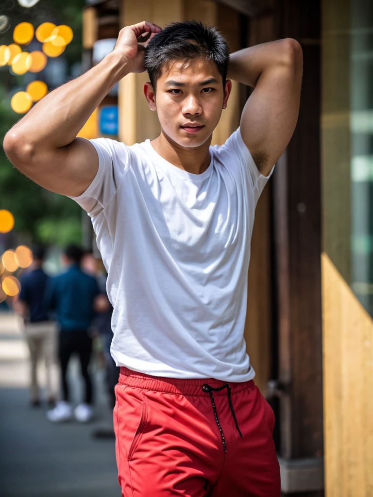 a young asian man, 20 years old, wearing a shirt and pants, dynamic movement pose, big pecs, (best quality,4k,8k,highres,masterpiece:1.2),ultra-detailed,(realistic,photorealistic,photo-realistic:1.37),HDR,UHD,rim lighting,ultra-fine painting,sharp focus,physically-based rendering,extreme detail description,professional,soft colors,bokeh,portrait,photography
