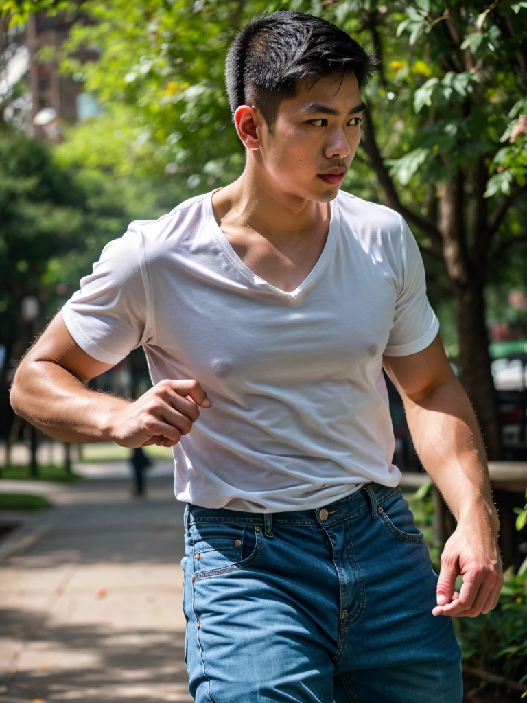 a young thai boy, 20 years old, wearing a shirt and pants, dynamic movement pose, (best quality,4k,8k,highres,masterpiece:1.2),ultra-detailed,(realistic,photorealistic,photo-realistic:1.37),HDR,UHD,rim lighting,ultra-fine painting,sharp focus,physically-based rendering,extreme detail description,professional,soft colors,bokeh,portrait,photography