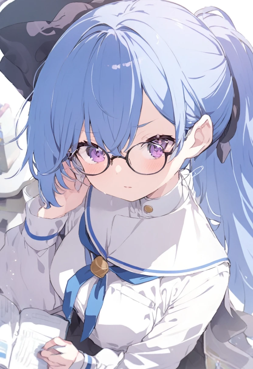 Blue Hair　ponytail　Glasses　uniform　ponytail