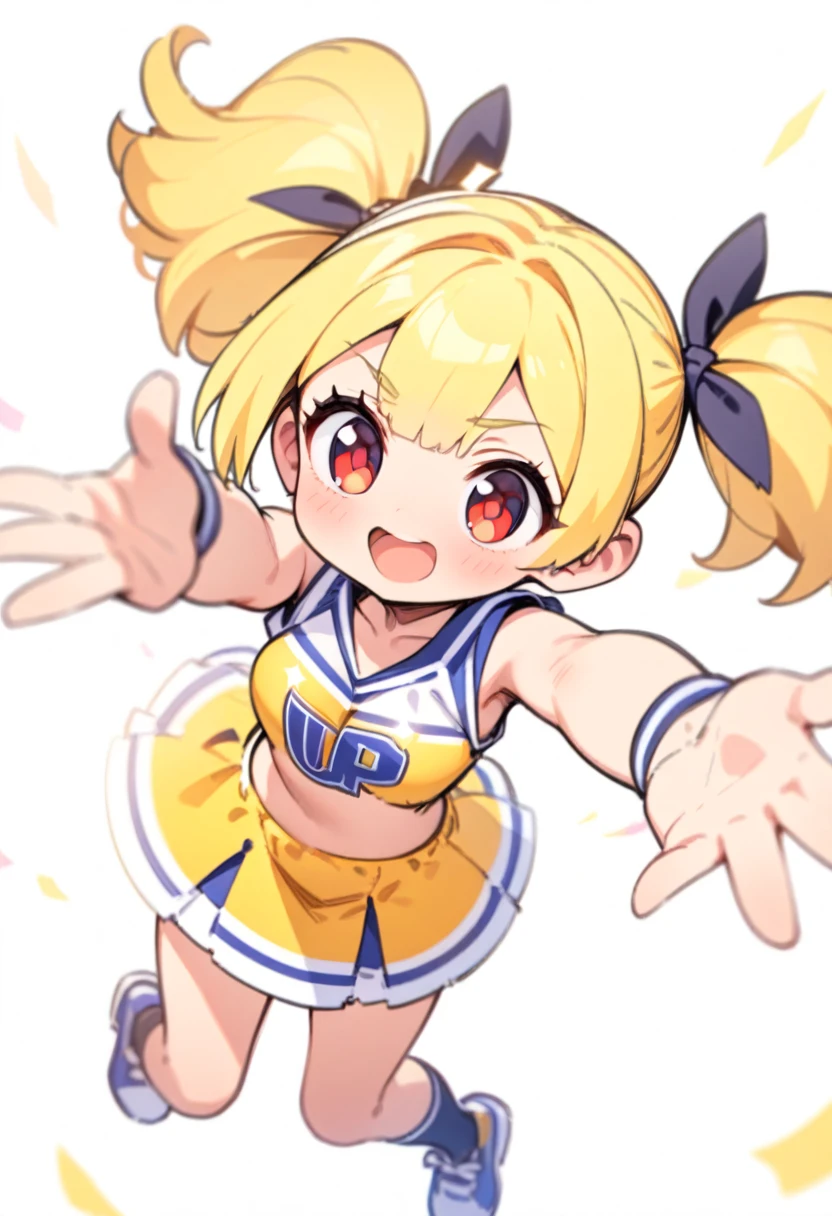 Little,Yellow Hair,Red eyes,Twin tails,White cheerleader uniform,Black Ribbon,bangs,Solo welcome pose,Happy,celebrate,Reach out,Please raise your hand,Say hello,(((Jump up))),Dynamic Angle,White Background,, (masterpiece,Highest quality:1.2)