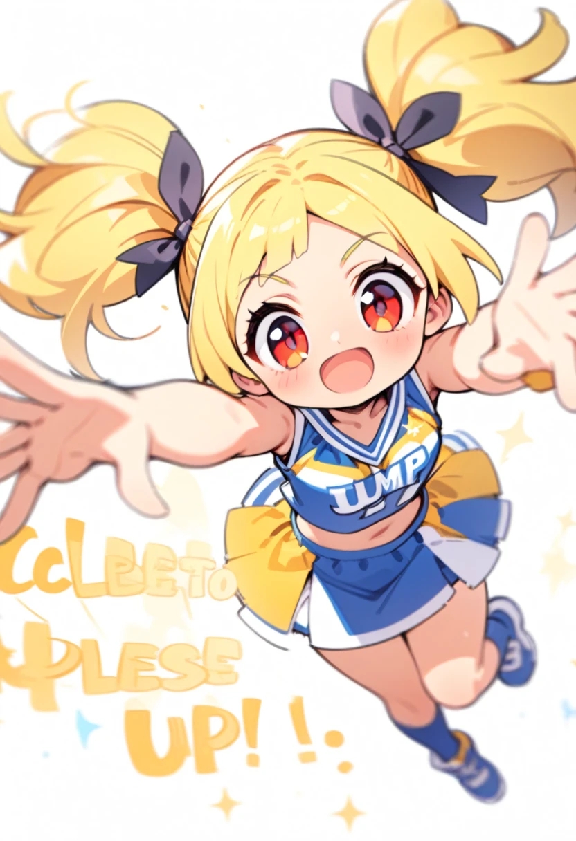 Little,Yellow Hair,Red eyes,Twin tails,White cheerleader uniform,Black Ribbon,bangs,Solo welcome pose,Happy,celebrate,Reach out,Please raise your hand,Say hello,(((Jump up))),Dynamic Angle,White Background,, (masterpiece,Highest quality:1.2)