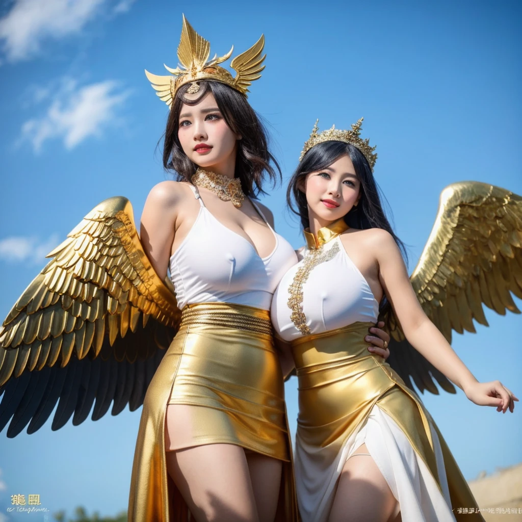  Indonesia cute  girls, short dress in white and gold,with wings and a sword, wearing(dark) hijab,showing big breast,((take Sword)), (wearing gold wing crown), ((gemstone:1.2), ((Wing-shaped gold ornament on the head)), ornate cosplay, as a mystical valkyrie, the sailor galaxia, beautiful, anime cosplay, glamourous cosplay, with fiery golden wings, cosplay, professional cosplay, goddess of light, facing forward body angel, cosplayer, perfect makeup, perfect face, beautiful face, beautiful body,full-body shot,showing big breasts,showing vagina ,closed legs, ((sky  background)), (flying body:1.0), (jewels:1.2), (Emitting light), (flying flowers:1.0), above clear water,  of heaven, smog, sunny weather