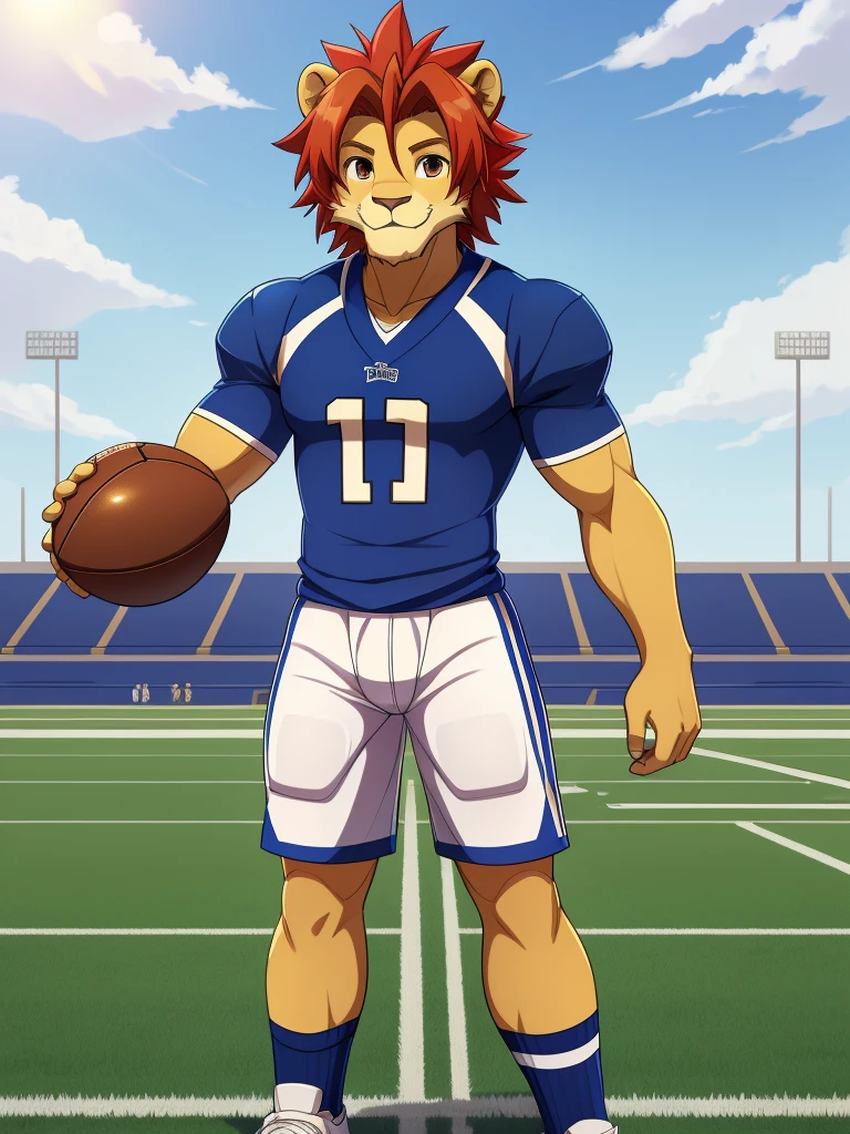 (masterpiece, 4K, ultra detailed), a lion furry, masculine, yellow fur, short red hair, cartoony, smooth lining, smooth simple colors, smooth shading, blue football dress, white shorts, football field, outside, noon, athletic, slim, brown anime eyes, smile, anime