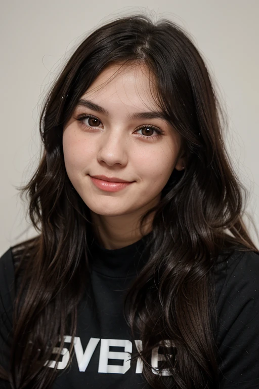 American woman, 18 years, young, American national, 160 centimeters tall, 55 kg, measures 81-60-81, wavy black hair, round black eyes, Round face, fat cheeks, thin cheekbones, innocent look, smiling,