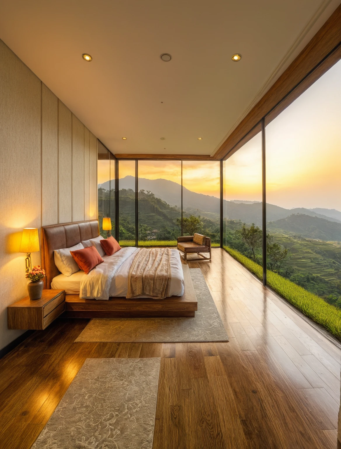 Raw photo,Masterpiece, high quality, best quality, authentic, super detail, interior, indoors, bedroom style indochine , view Mu Cang Chai's rice terraces , sunset, day light, bed, lamp, carpet, bedside cabinets, flower vase, wooden floor ,glass windows, downlight, armchair , golden ripe rice, (terraces)