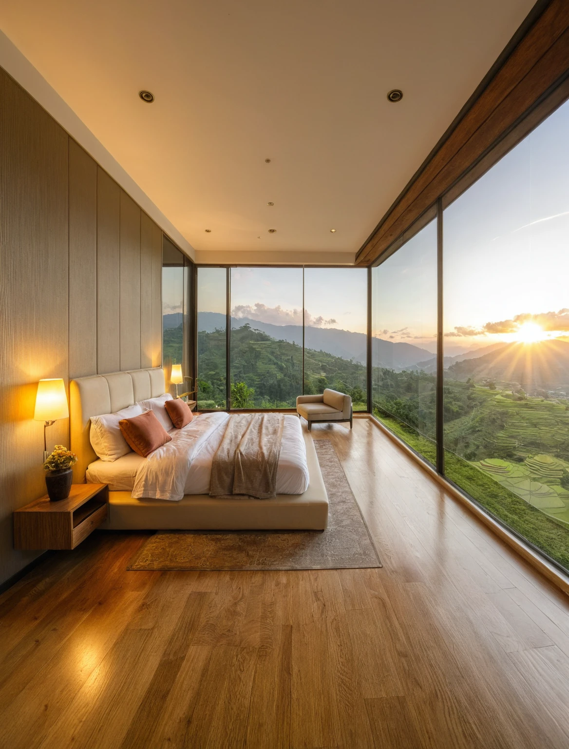 Raw photo,Masterpiece, high quality, best quality, authentic, super detail, interior, indoors, bedroom style indochine , view Mu Cang Chai's rice terraces , sunset, day light, bed, lamp, carpet, bedside cabinets, flower vase, wooden floor ,glass windows, downlight, armchair , golden ripe rice, (terraces)