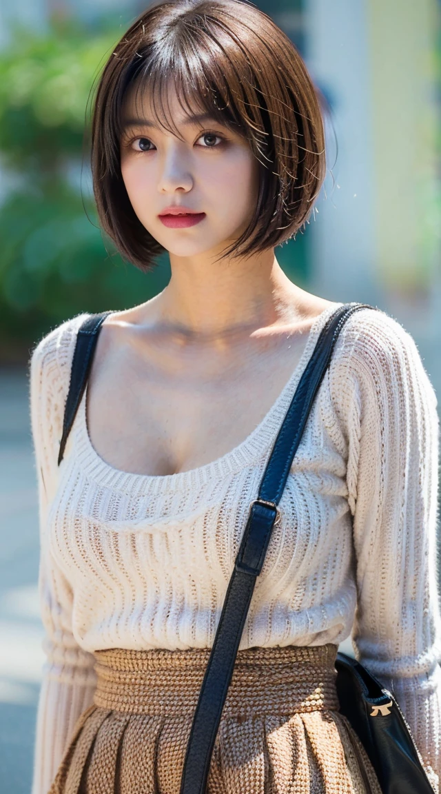 Highest quality, shape, Very detailed, finely, High resolution, 8k wallpaper, 完璧なダイナミックな構shape, Beautiful and exquisite, Natural Lip, whole body, front,Shyness、Embarrassed expression、Large Breasts、Slightly sagging breasts、Bob Cut Hair、University classroom、Pleated skirt、((Looking into the camera))、Brown Hair、sweater、Carry a shoulder bag diagonally across your shoulder、ノースリーブsweater、Bag straps passing through the cleavage,