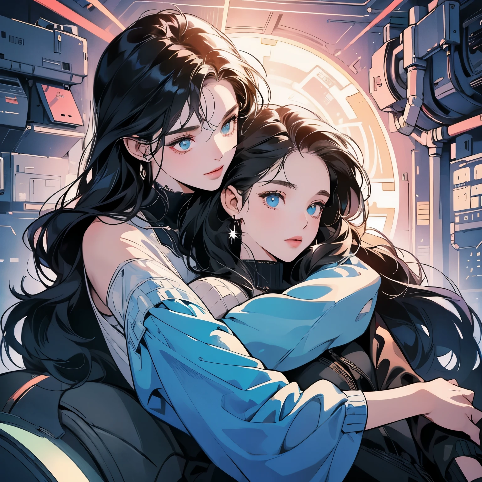  (((beautiful "Two women" leaning against each other))), inside a spaceship, perfect machine,  perfect face, zero gravity, outer space, lots of wires, switchboard, perfect and detailed machine, detailed hair, (((Various angles))), most beautiful woman, (((head shot))) , Super detailed background, top quality,Various unique hairstyles, Ghost in the Shell, sparkling eye, Outer space in the background, Unique and perfect face, Pale Lighting,  (((Various eye colors))),(((hug from behind))