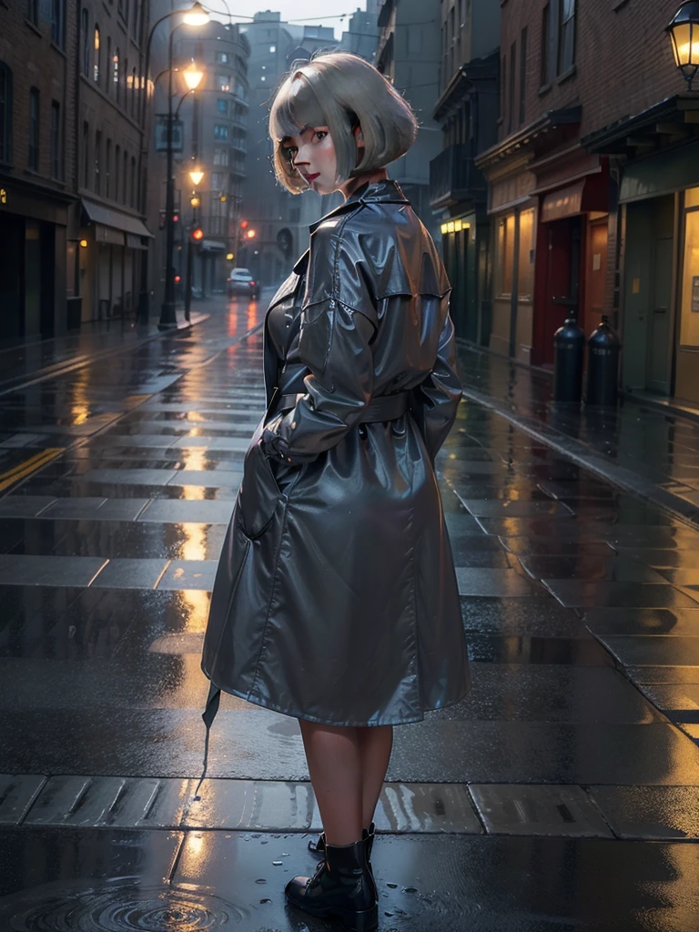((masterpiece)), ((best quality)), (ultra-detailed), ((extremely detailed)), 4K, (8K), best quality, a beautiful woman, ((beautiful light gray hair)), shiny hair, ((bob cut)), light blue eyes, freckled skin, 20 years old,
Back view, full body, ((night, warm street, dark)), deserted city, standing in middle of street, ((black rencoat, rain, heavy rain, raindrops visible)), wet ground, hands in pockets