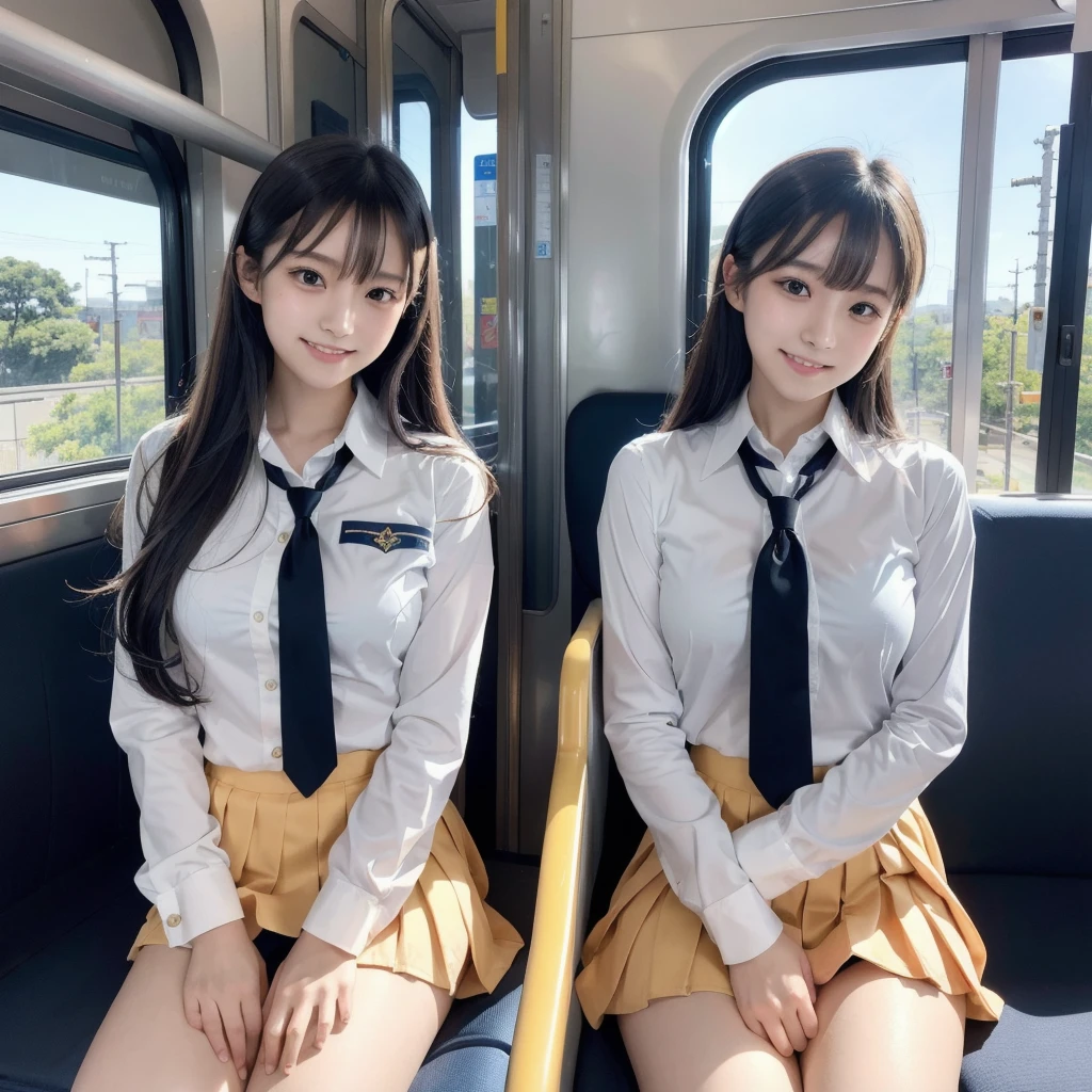 Highest quality, full body detail, the golden ratio, (theater lighting: 0.7), masterpiece, viewer angle shot, ( 18 year old japanese girl student wearing school uniform), Looks straight up happy、Hug a little, (sitting on the train legs open wide), skirt lifting, showing up her panty by spreading her thighs (clear detailed panty), best thigh anatomy, total body, perfect faces, (exremetly detailed skin),