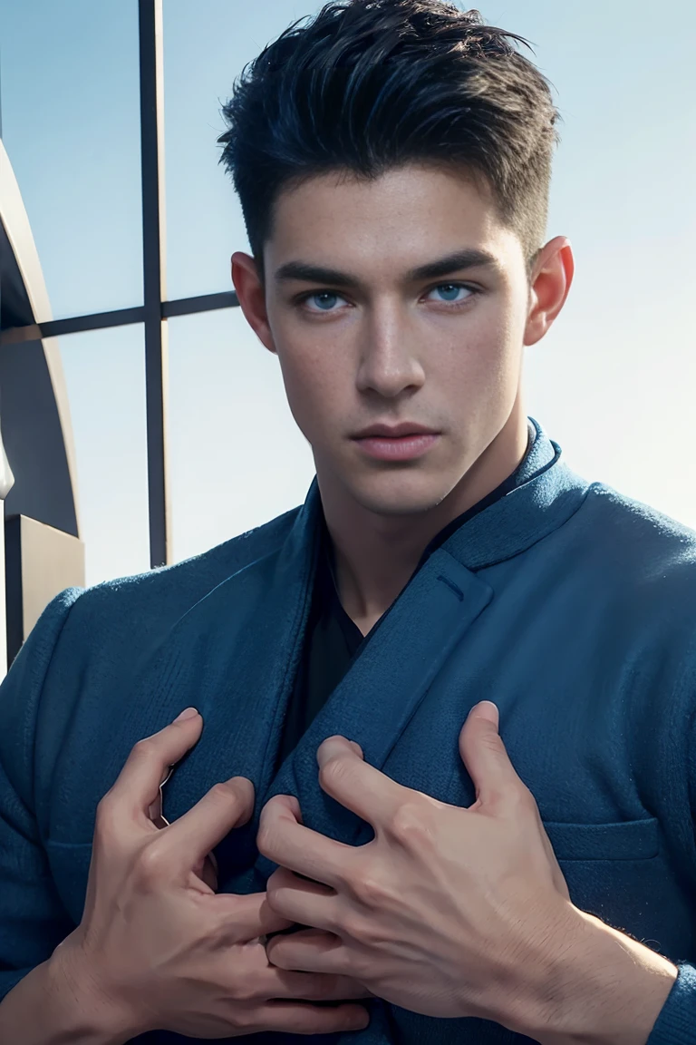 Ultra wide angle，((masterpiece)),((best quality)),8K,High Detail,Very detailed, 2 handsome muscular boys，Very manly，blue eyes，Stylish short hair，Vivid male image, Fashion pose, masculine expression，Real skin texture, Perfect and realistic hand details，Light,
Royal blue style couple，White male model photos