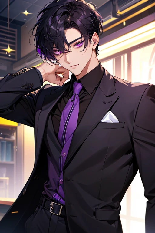 Masterpiece, highres, finely details, male, short hair, (black hair), with bangs, ((purple eyes)), black clothes. (CEO), (32 years).