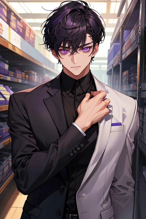 Masterpiece, highres, finely details, male, short hair, (black hair), with bangs, ((purple eyes)), black clothes. (CEO), (32 years).