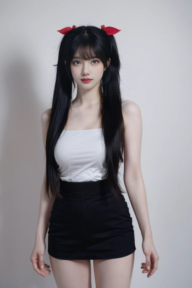 best quality, tmasterpiece,Ultra-high resolution,Clear face,(Reality:1.4),ferpect lighting,(upper body photo:1.3), (photorealistic:1.50), anime wallpaper, Guviz style artwork, cover-up fantasy up to magic , by Yang J, Guviz, beautiful artwork illustration, beautiful digital artwork, beautiful digital illustration, Li Song, beautiful anime portrait, art style in Beauvot,1girl, 独奏, long hair, black hair, (twintails:1.5), (red hair ribon:1.3), Mask on hair, hair ornament, yellow eyes, white Tenk top, black Short pencil skirt, (standing:1.5),