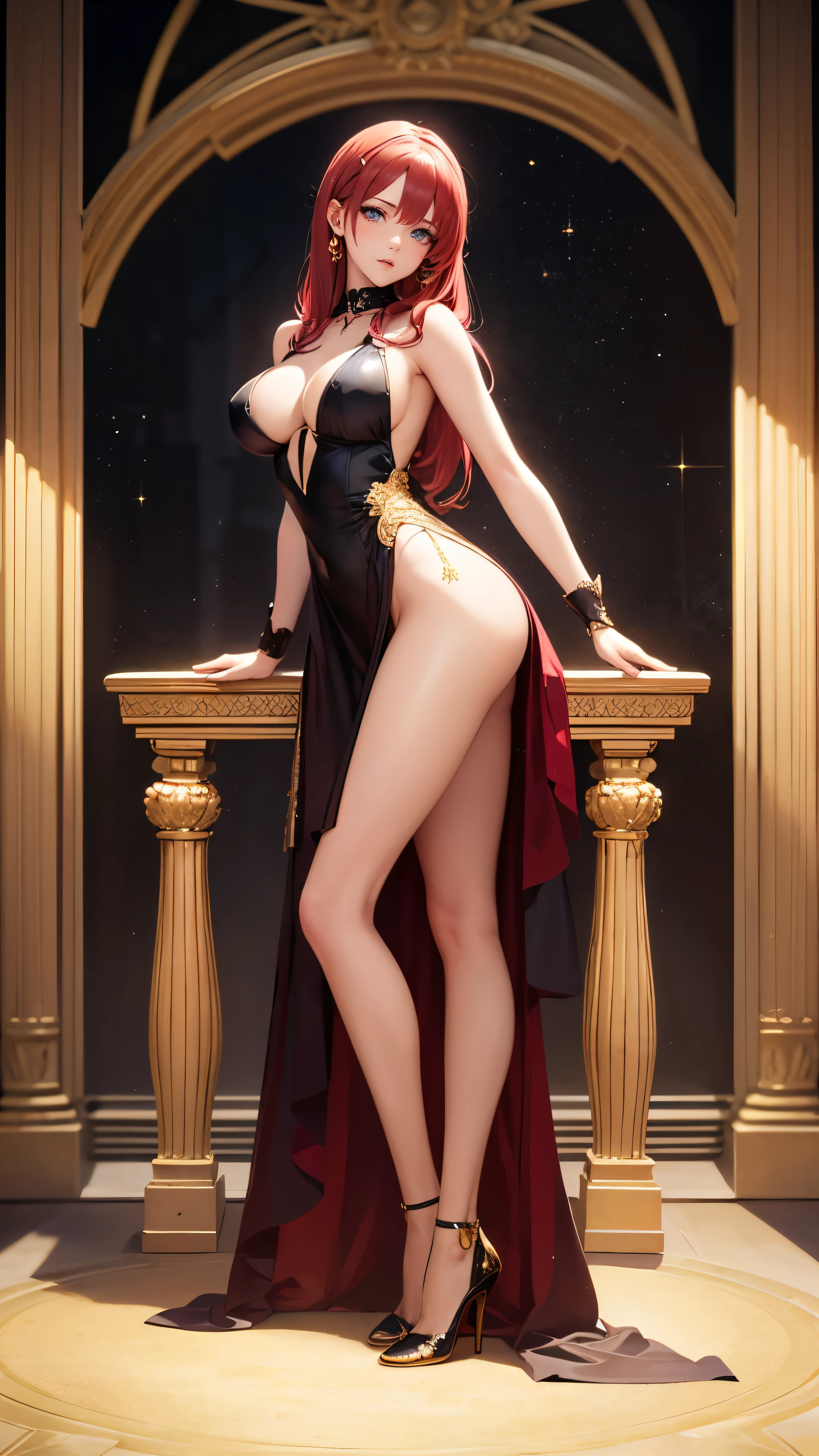 "NSFW An anime girl with blue eyes and long red hair. The artwork must be of the best quality, high resolution, and vibrant colors. Must be full body style, with soft lighting illuminating the scene, front viewer eyes, dress detailed with gold, high heels detailed with gold"