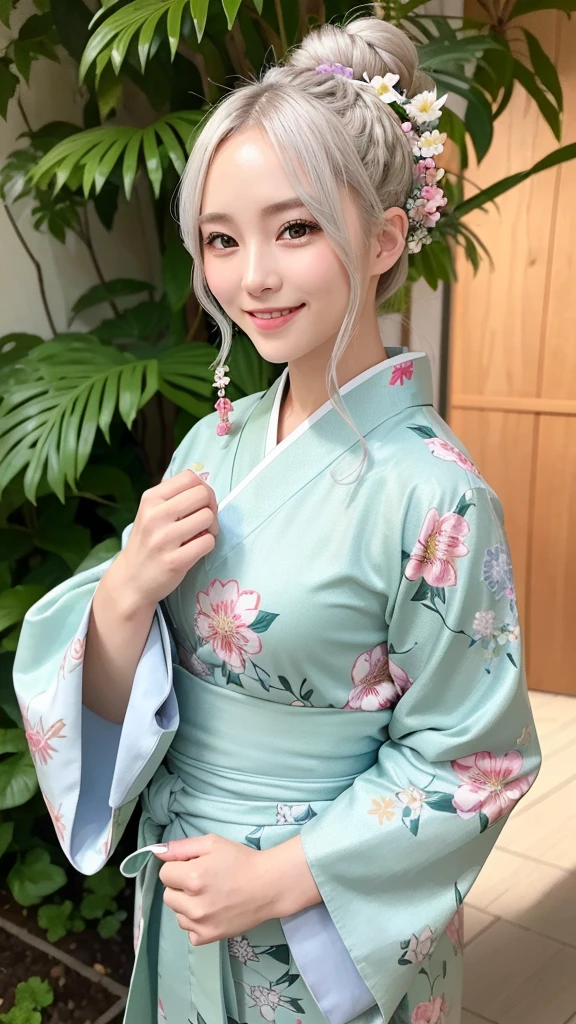 Beautiful silver-haired woman in a kimono、Gorgeous floral patterned kimono、My cute girlfriend is a kimono model..、Green Eyes、美しいsmile、He is short、Braiding、hair ornaments、Colorful and showy kimono、Beautiful plant background、Full body pose、smile、