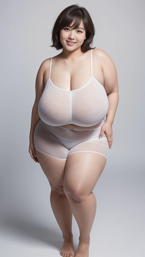 (8k, ultra-high resolution, highest quality, masterpiece:1.2), ultra-realistic, (realistic, photorealistic:1.37), (realistic skin:1.2), ultra-detailed, Canon EOS RP, 8k, nsfw,Korean mature woman, smiling,(obese), (((super curvy,))) ((super voluptuous,)) adult model, standing,(armpit showing), ((full body shot)), thick ankles, (short hair), (empty space), (pale white background only),