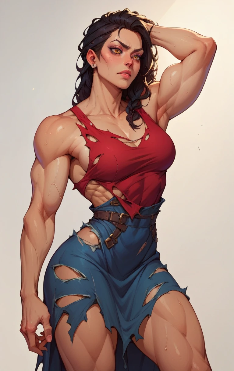 muscle woman, ragged and worn clothes, tattered dress,