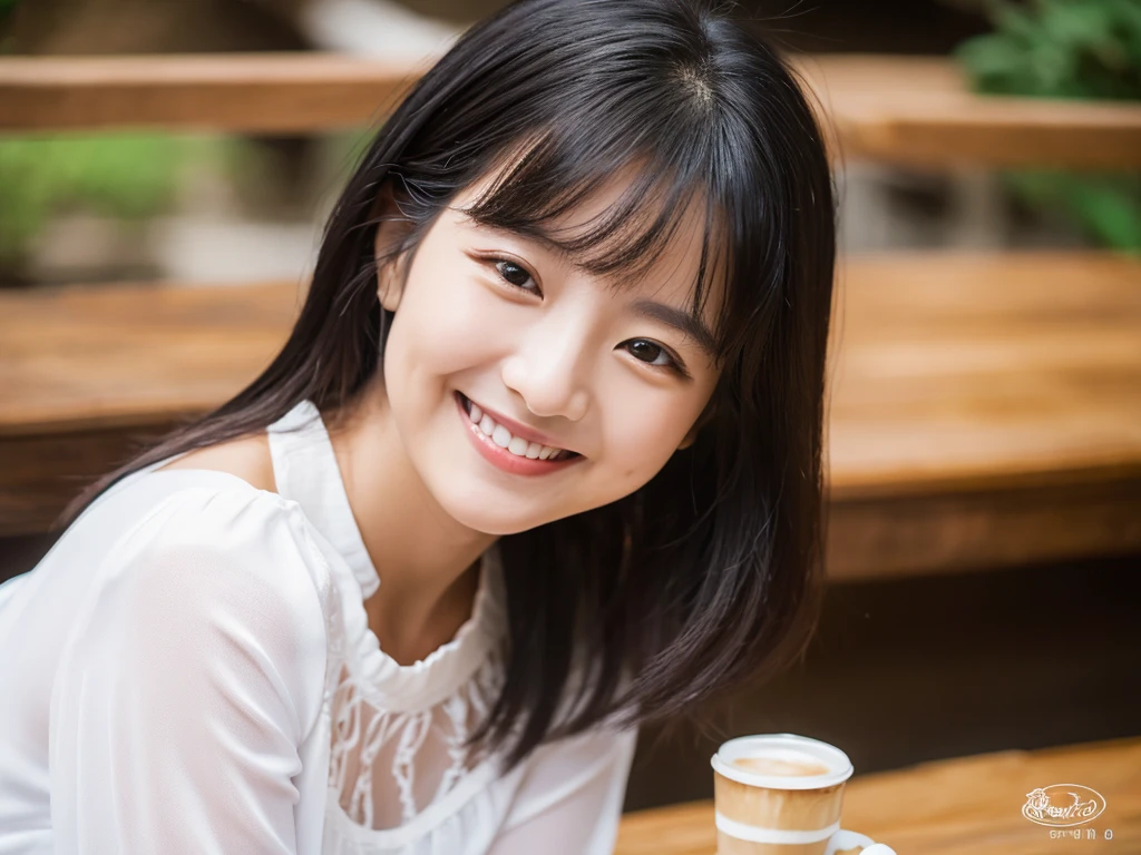 (Highest quality、8K、32k、masterpiece)、coffee、50th Generation、Black Hair、Medium Hair、、people、white blouse、smile、
