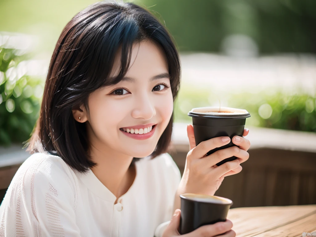 (Highest quality、8K、32k、masterpiece)、coffee、50th Generation、Black Hair、Medium Hair、、people、white blouse、smile、