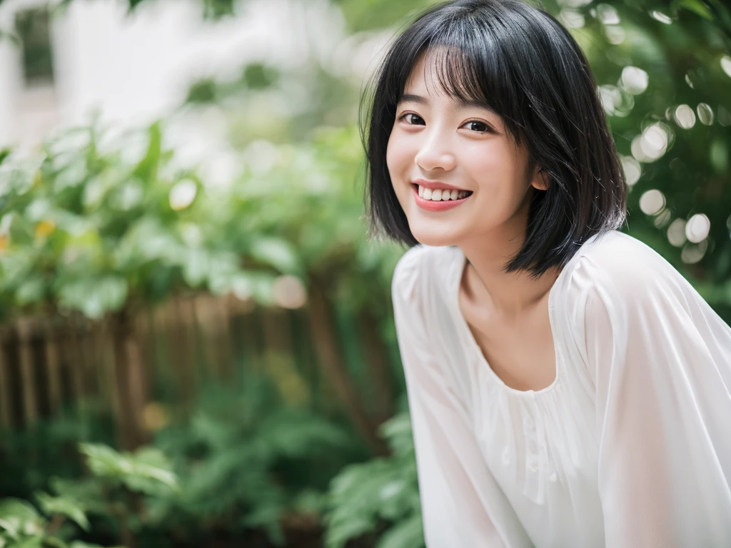 (Highest quality、8K、32k、masterpiece)、coffee、50th Generation、Black Hair、Medium Hair、、people、white blouse、smile、