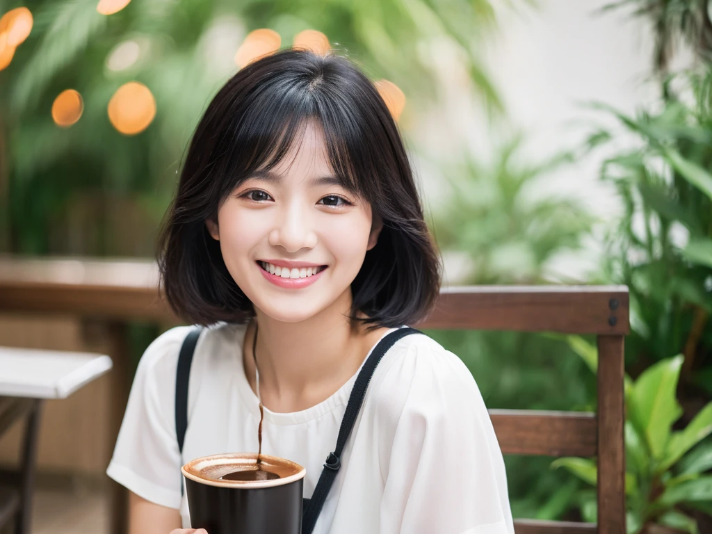 (Highest quality、8K、32k、masterpiece)、coffee、50th Generation、Black Hair、Medium Hair、、people、white blouse、smile、