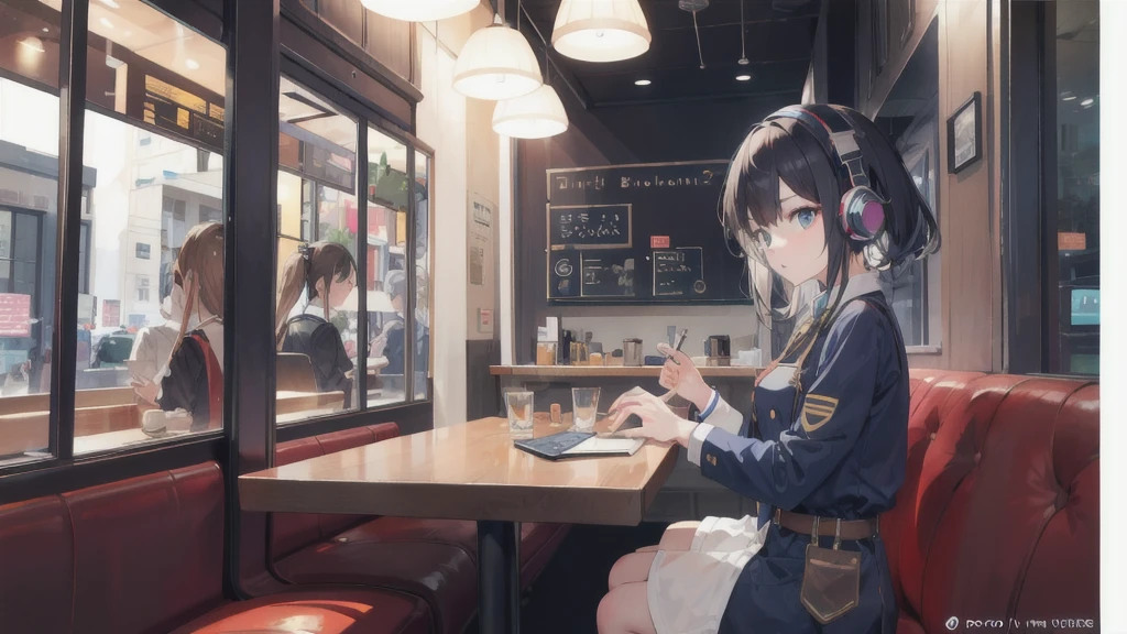 Wearing headphones in a cafe、Girl in uniform