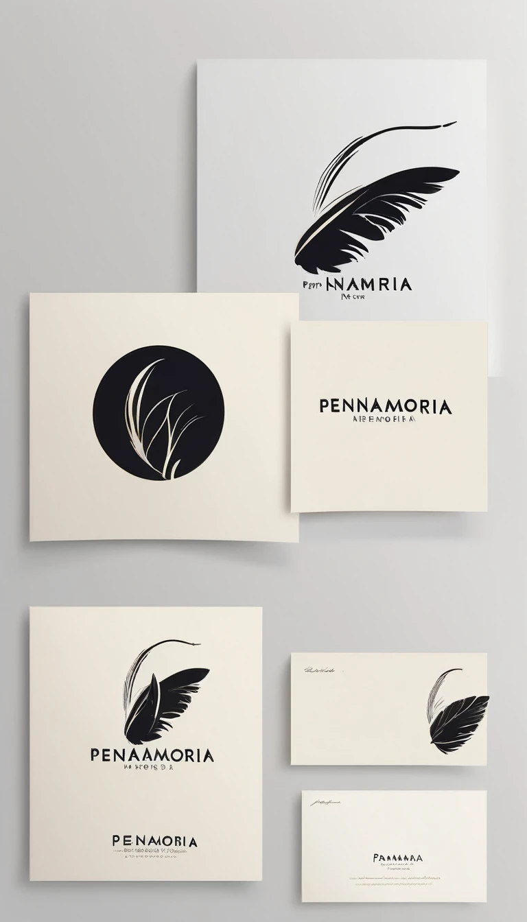 A minimal, modern, simple, cinematic logo design for the brand “Penamemoria". The logotype must be a simple, magical feather and a boy playing acoustic guitar. The logo must convey a sense of music, stories and dreams. Minimalistic logo design of a boy dissolving into a feather of dreams and memories