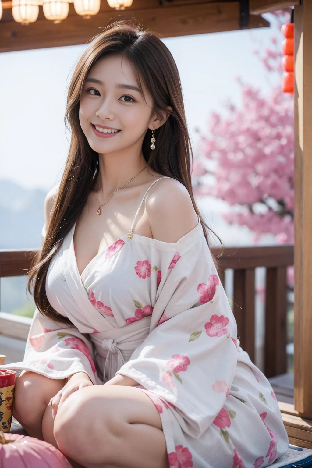Highest quality,8K, Detailed facial depiction, Detailed description of the eyes,One Woman, Light brown hair(Medium-long hair),Beautiful Japanese Girl,24-years-old,Cute eyes,Cute Smile,Yukata beauty,A yukata with large polka dots on a white background,Slender body, Large, plump breast size, Long and beautiful legs,Smiling, Colorful earrings,necklace,Are standing,Beautiful nape,Japanese Summer Festivals,There are food stalls