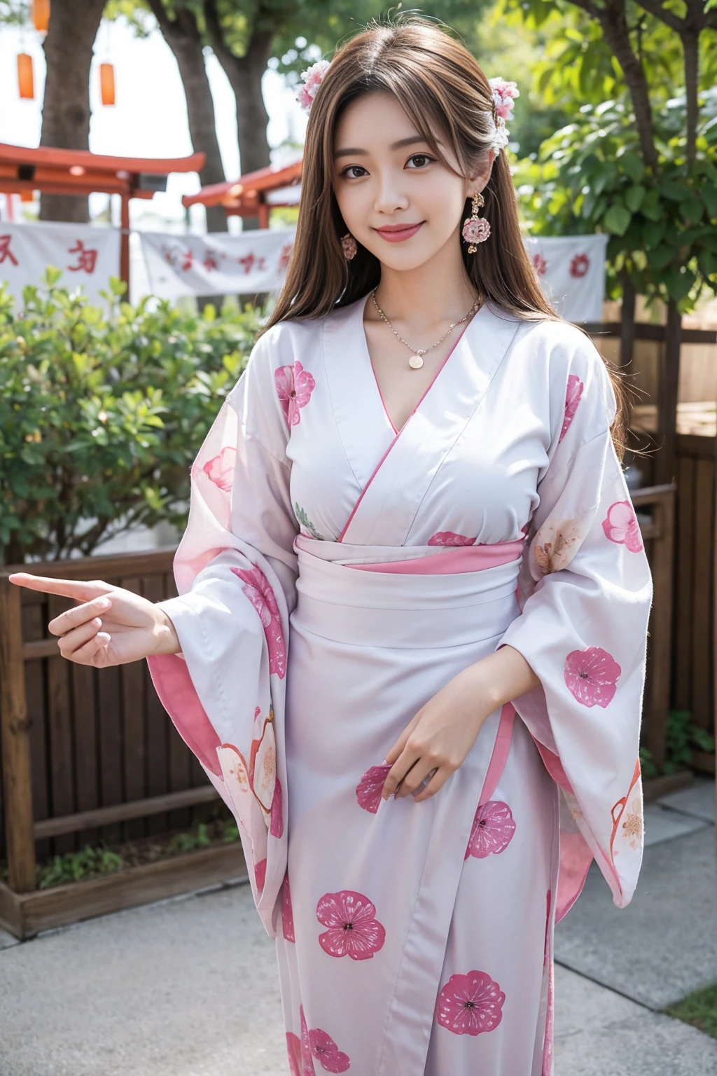Highest quality,8K, Detailed facial depiction, Detailed description of the eyes,One Woman, Light brown hair(Medium-long hair),Beautiful Japanese Girl,24-years-old,Cute eyes,Cute Smile,Yukata beauty,A yukata with large polka dots on a white background,Slender body, Large, plump breast size, Long and beautiful legs,Smiling, Colorful earrings,necklace,Are standing,Beautiful nape,Japanese Summer Festivals,There are food stalls