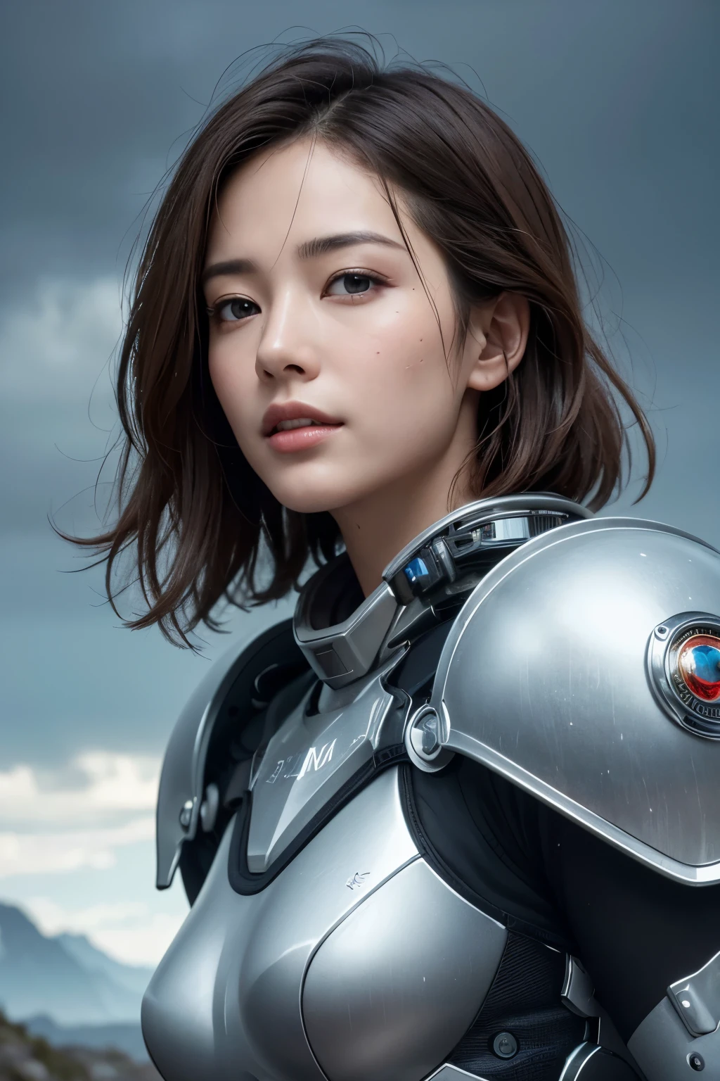 Ultra-high resolution、(masterpiece:1.3), (8K, Best image quality: 1.4)、 (Real:1.4)、One beautiful woman、Beautifully detailed eyes and skin、Light brown short hair、Beautiful face close-up、A tiny smile、Small Bust、White mechanical work space suit、Rain-soaked wilderness、wasteland、Cliff rock face、Huge rocky mountains、Rain Clouds、evening、 A huge spaceship floating in the sky、it&#39;s raining、