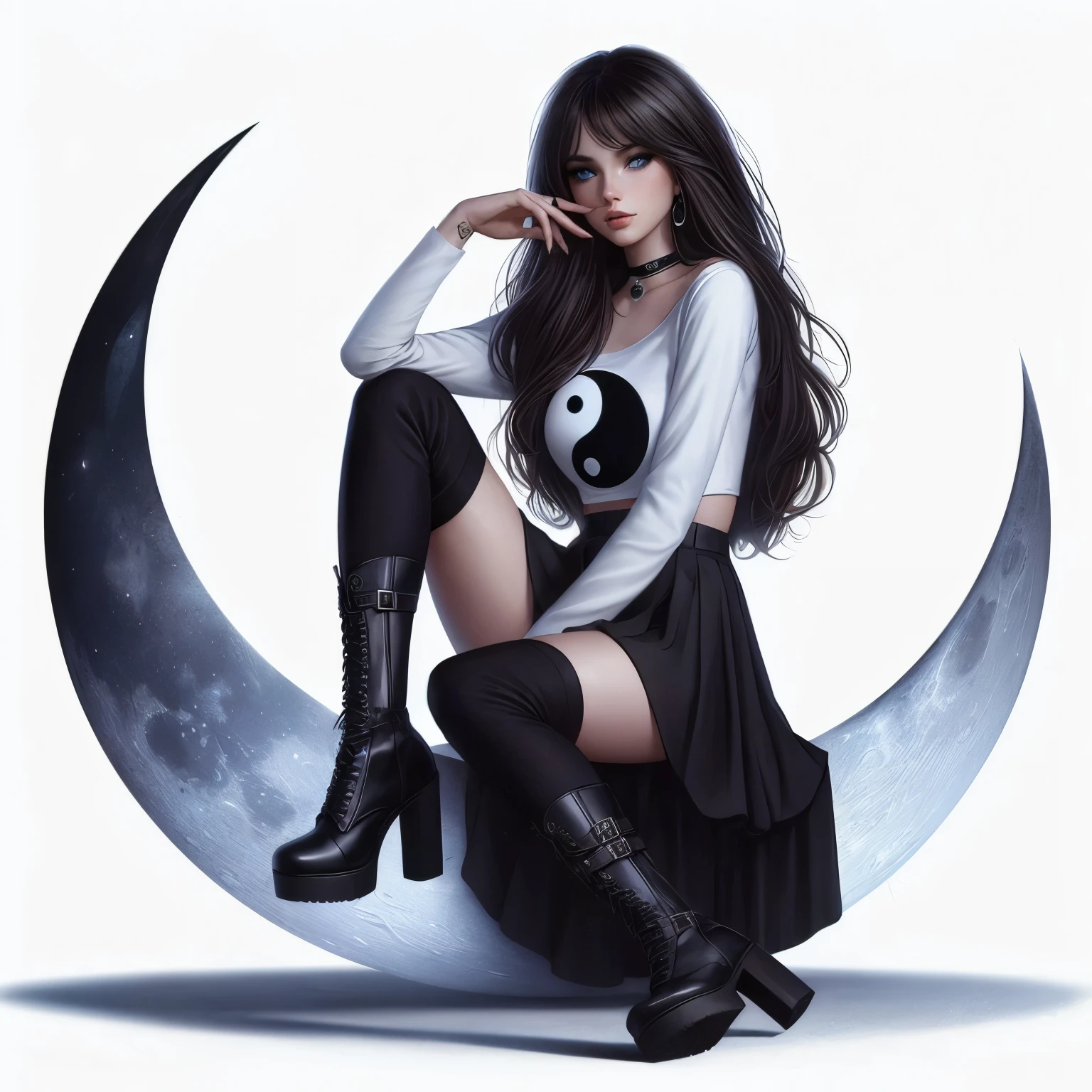 realism, Moon Queen sitting on a crescent moon 8k resolution, solo, long black hair, skirt, yin yang symbol, simple background, brown hair, shirt, black hair, tall sox, white background, blue eyes, boots, black highs, black footwear, tall boots, crossed arms, t-shirt