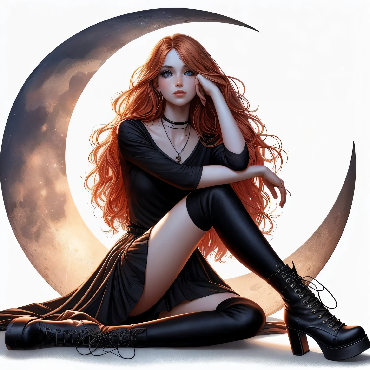 realism, Moon Queen sitting on a crescent moon 8k resolution, solo, long black hair, skirt, yin yang symbol, simple background, brown hair, shirt, black hair, tall sox, white background, blue eyes, boots, black highs, black footwear, tall boots, crossed arms, t-shirt