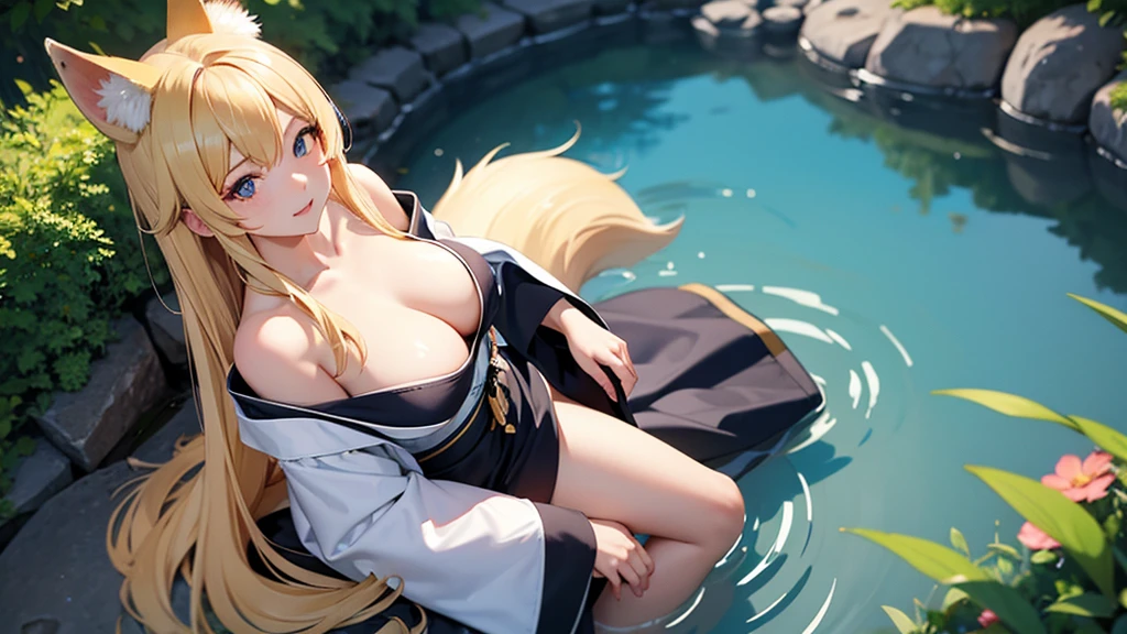 high resolution。Camera angle looking down from above。Sitting down、Girl sitting。Duck sitting。breast enhancement。Bust Emphasis。Off-the-shoulder kimono。Face down and eyes up。Blonde fox ears。Voluptuous Body。