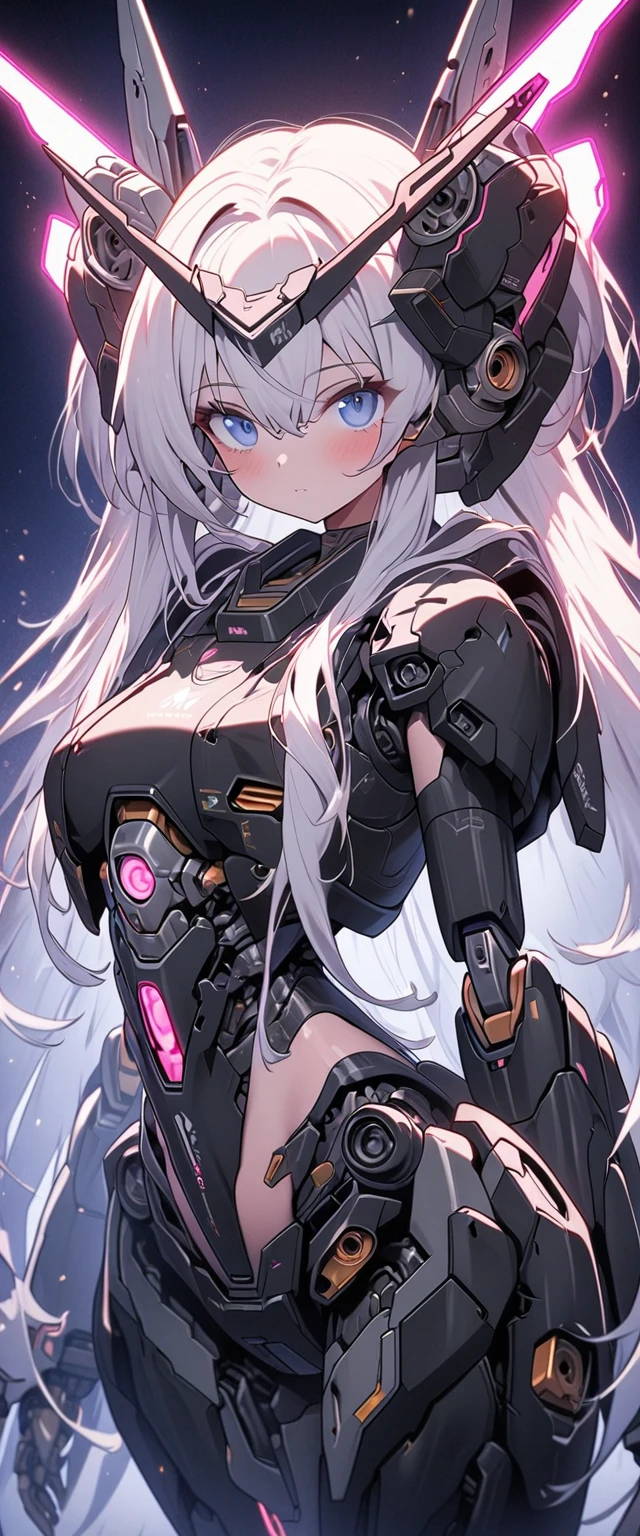 (((masterpiece))), 1girl, solo, white hair, long hair, Blue eyes, science fiction, whole body, ((Solo)), (mecha musume:1.5), (giant girl), mechanical cyborg body, mechanical parts, headgear, ((mechanical Black Armor)), (((neon light Blue))), Anime style