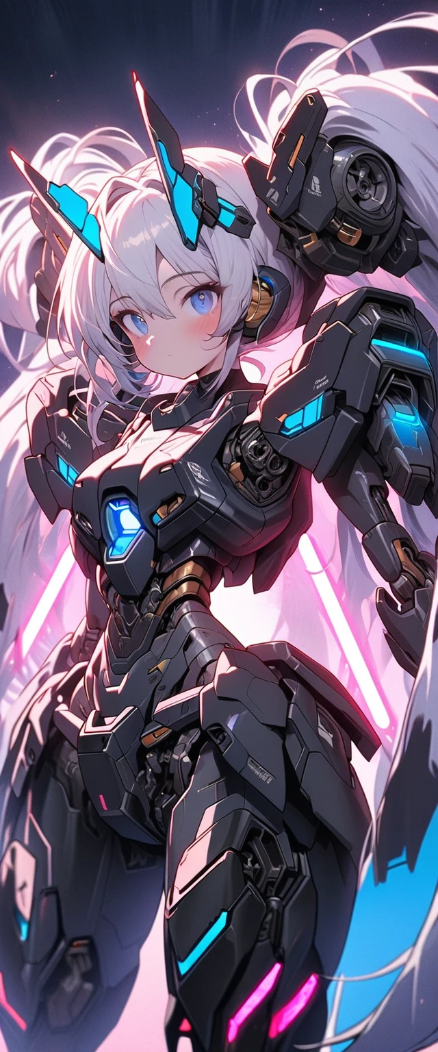 (((masterpiece))), 1girl, solo, white hair, long hair, Blue eyes, science fiction, whole body, ((Solo)), (mecha musume:1.5), (giant girl), mechanical cyborg body, mechanical parts, headgear, ((mechanical Black Armor)), (((neon light Blue))), Anime style