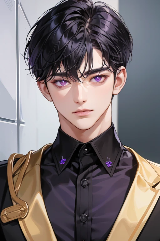 Masterpiece, highres, finely details, male, short hair, (black hair), with bangs, (purple eyes), black clothes. (CEO), (32 years).