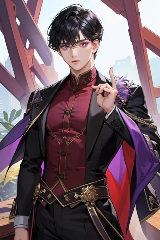 Masterpiece, highres, finely details, male, short hair, (black hair), with bangs, (purple eyes), black clothes. (CEO), (32 years).